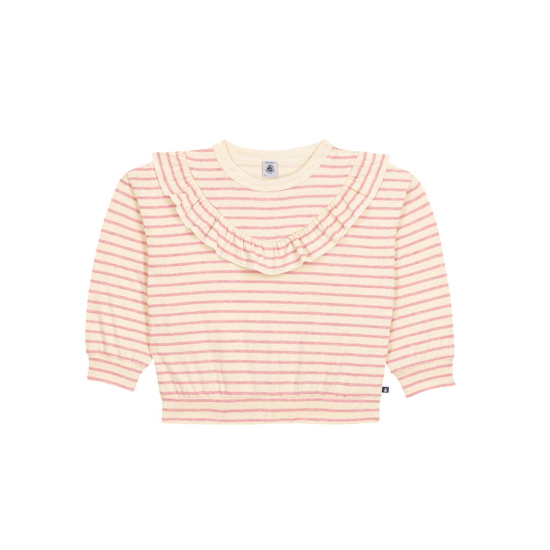 Striped Sweatshirt with Ruffles in Cream Pink