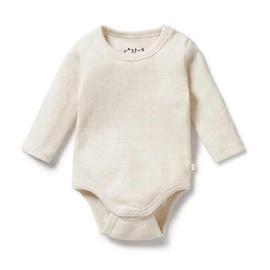 Organic Stripe Rib Long Sleeved Bodysuit in Clay