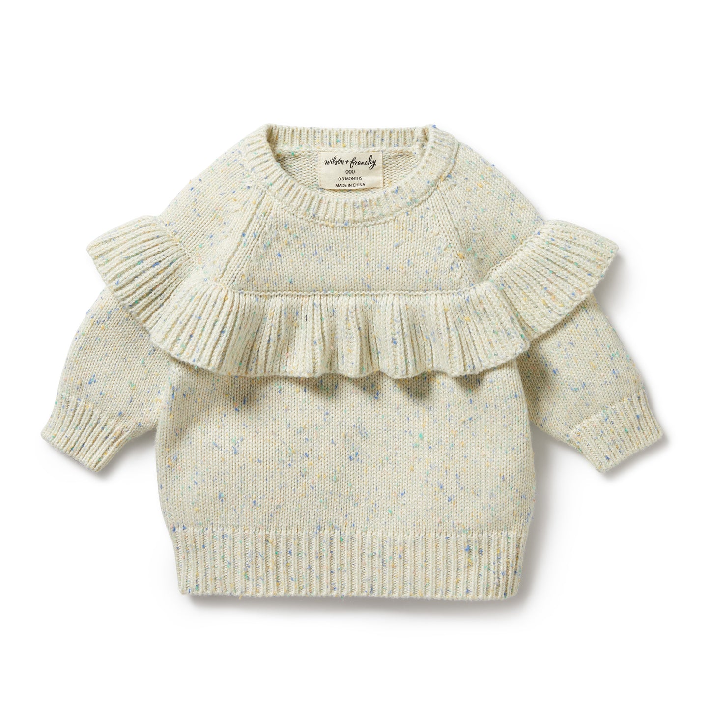 Knitted Ruffle Sweater in Dew Fleck