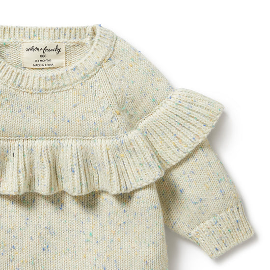 Knitted Ruffle Sweater in Dew Fleck